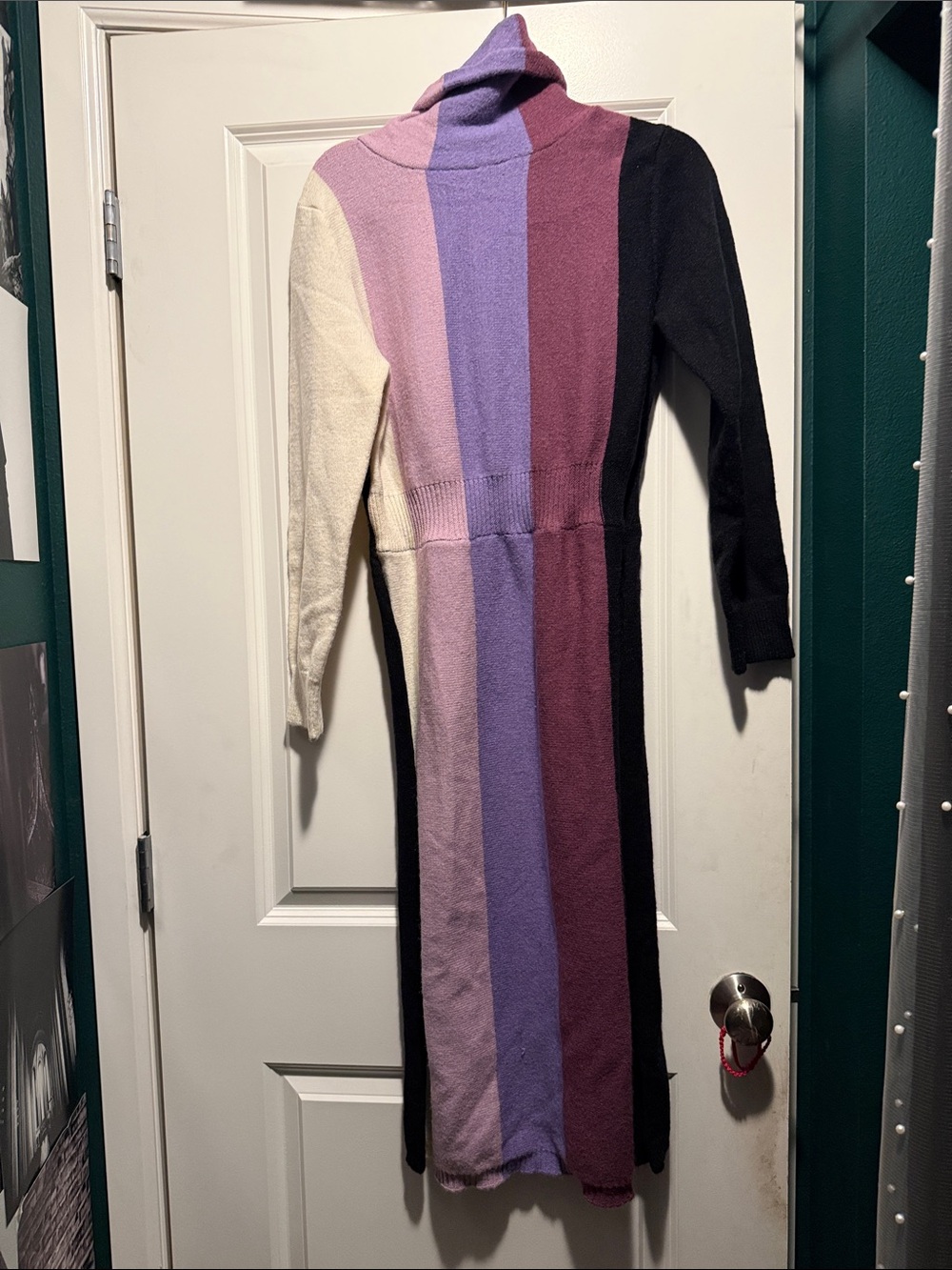 Striped Colorblock Turtleneck Midi Sweater Dress in Black, Purple, Mauve, Cream